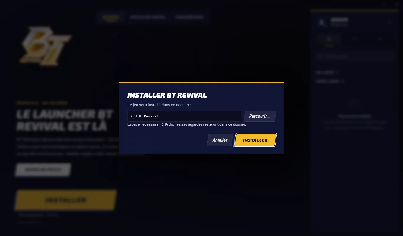 The launcher offers to install BT Revival in C:\BT Revival